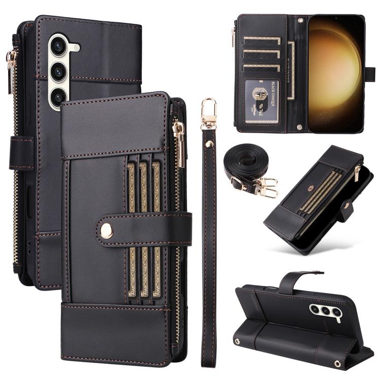 Funda de cuero tipo cartera con cremallera y bloqueo RFID para Samsung Galaxy S23+ 5G (negra)