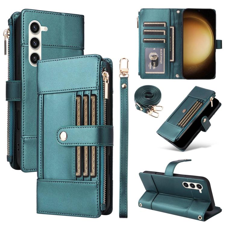 Funda de cuero tipo cartera con cremallera y bloqueo RFID para Samsung Galaxy S23+ 5G (verde)