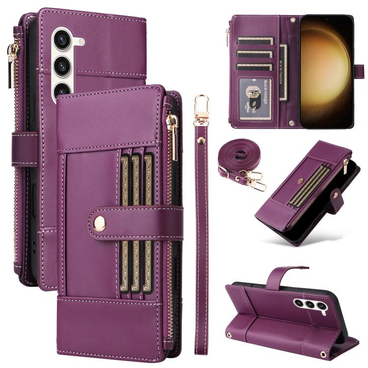 Funda de cuero tipo cartera con cremallera y bloqueo RFID para Samsung Galaxy S23+ 5G (morado)