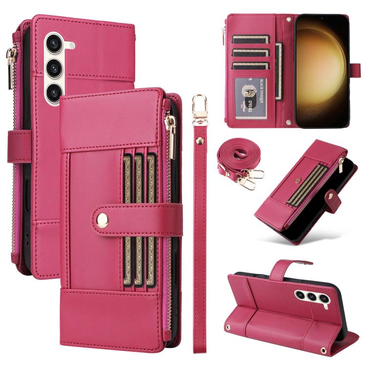 Funda de cuero tipo cartera con cremallera y bloqueo RFID para Samsung Galaxy S23+ 5G (roja)