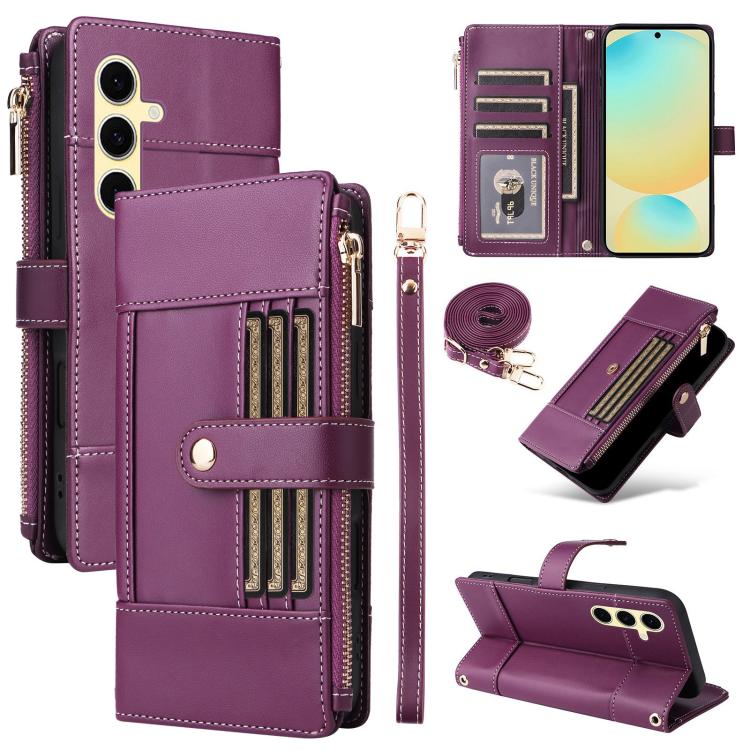 Funda de cuero tipo cartera con cremallera y bloqueo RFID para Samsung Galaxy S24+/S25+ 5G (morado)