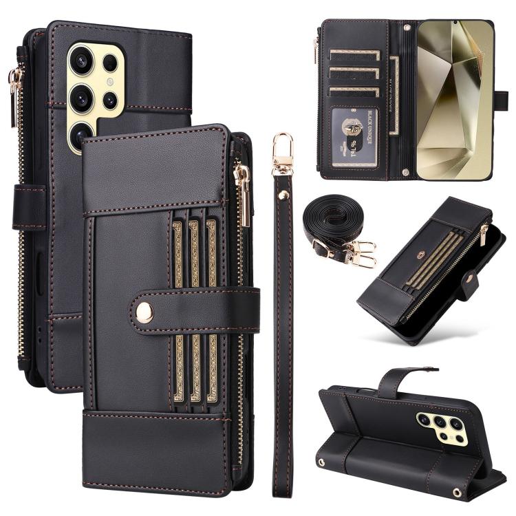 Funda de cuero tipo cartera con cremallera y bloqueo RFID para Samsung Galaxy S24 Ultra 5G (negro)