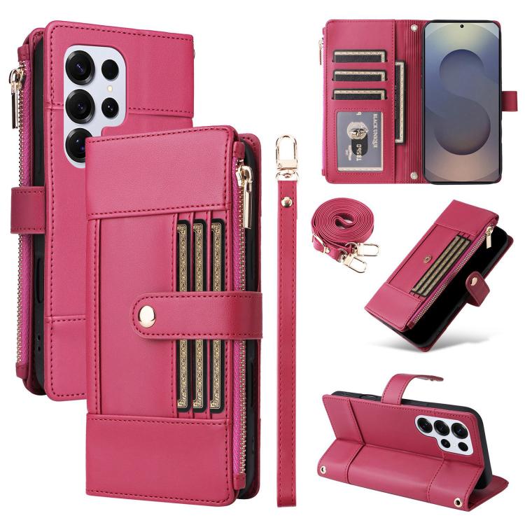 Funda de cuero tipo cartera con cremallera y bloqueo RFID para Samsung Galaxy S25 Ultra 5G (roja)