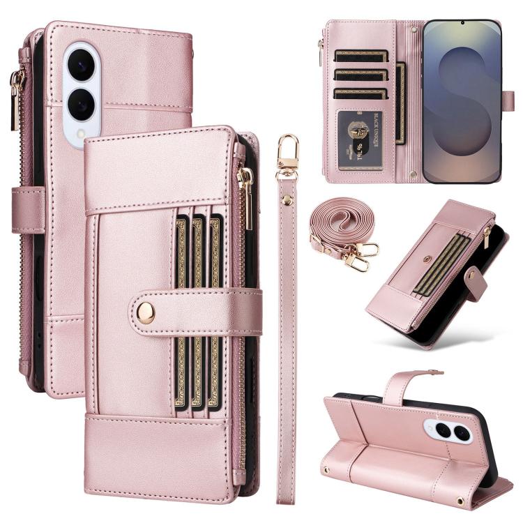Funda de cuero tipo cartera con cremallera y bloqueo RFID para Samsung Galaxy S25 Edge 5G (oro rosa)