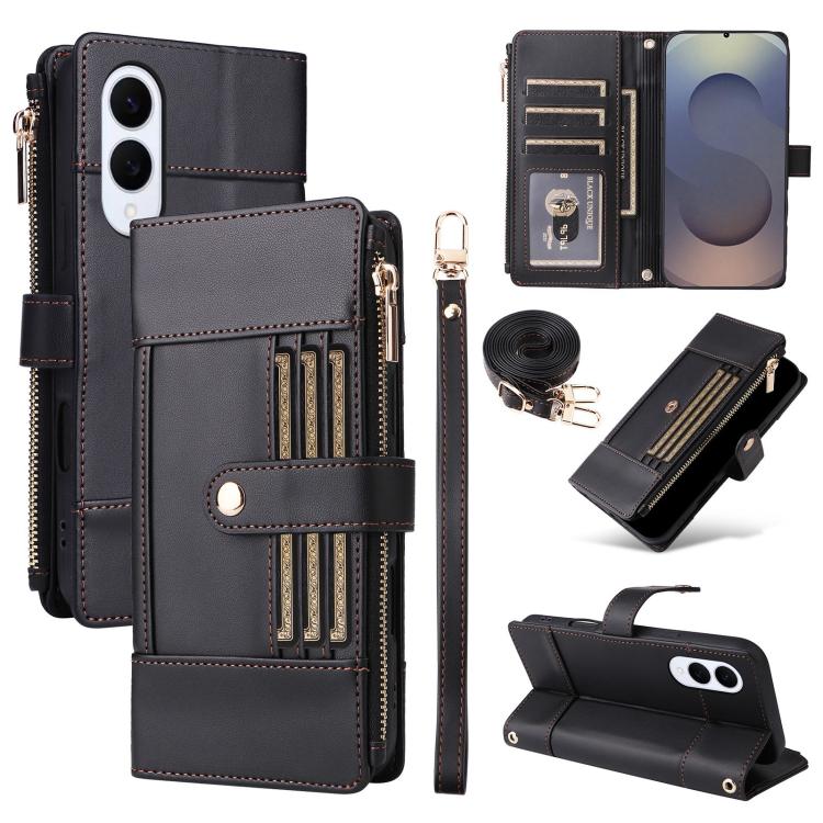 Funda de cuero tipo cartera con cremallera y bloqueo RFID para Samsung Galaxy S25 Edge 5G (negro)