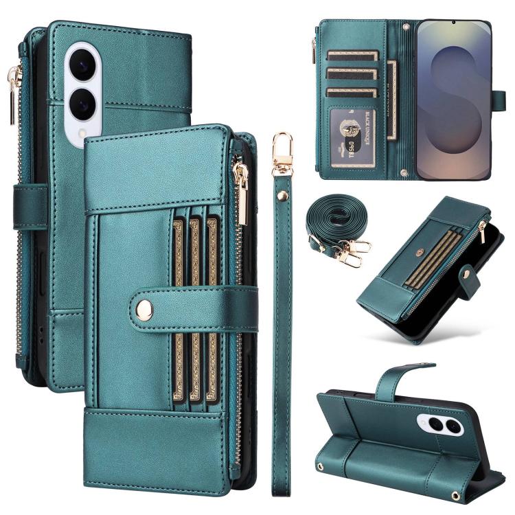 Funda de cuero tipo cartera con cremallera y bloqueo RFID para Samsung Galaxy S25 Edge 5G (verde)