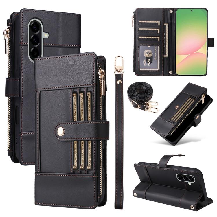 Funda de cuero tipo cartera con cremallera y bloqueo RFID para Samsung Galaxy A36 5G (negro)
