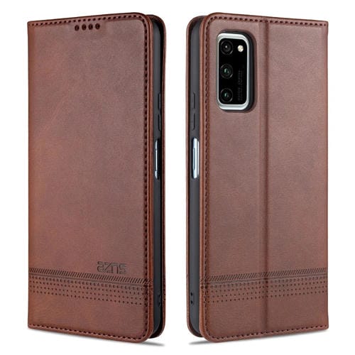 Para Huawei Honor V30 AZNS Funda de cuero con tapa magnética con textura de becerro horizontal con ranuras para tarjetas, soporte y billetera (marrón oscuro)