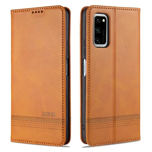 Para Huawei Honor V30 AZNS Funda de cuero con tapa magnética con textura de becerro horizontal con ranuras para tarjetas, soporte y billetera (marrón claro)