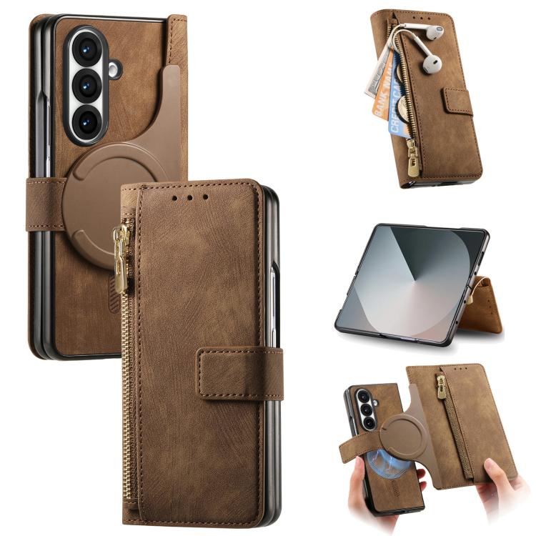 Funda de cuero con cremallera magnética MagSafe retro para Samsung Galaxy Z Fold7 5G (marrón)