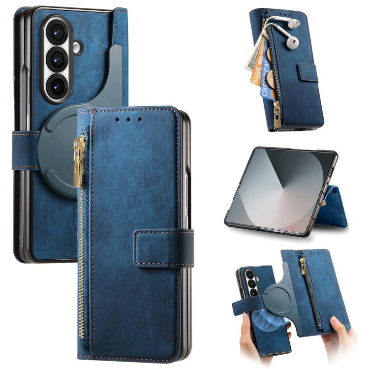 Funda de cuero con cremallera magnética MagSafe retro para Samsung Galaxy Z Fold 7 5G (azul)