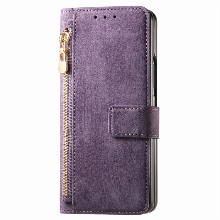 Funda de cuero con cremallera magnética MagSafe retro para Samsung Galaxy Z Fold 7 5G (morado)