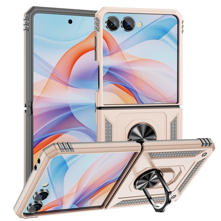 Funda de TPU + PC a prueba de golpes con soporte para Samsung Galaxy Z Flip7 5G (dorada)
