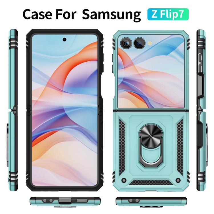 Funda de TPU + PC a prueba de golpes con soporte para Samsung Galaxy Z Flip7 5G (verde oscuro)