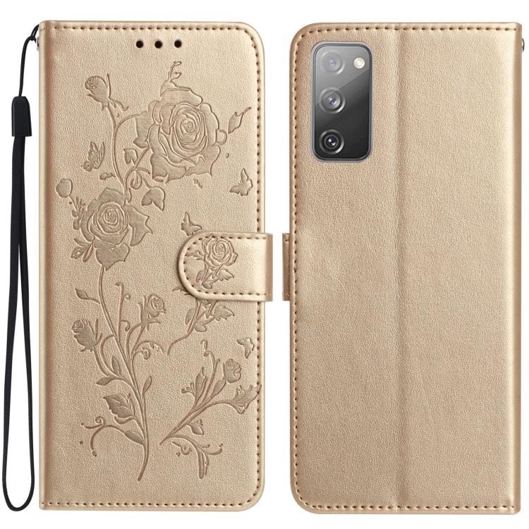 Funda de cuero con estampado floral en relieve para Samsung Galaxy S20 FE 5G (dorada)
