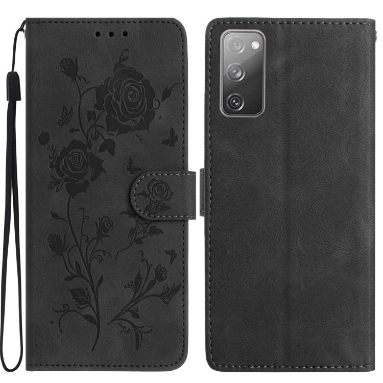 Funda de cuero con estampado floral en relieve para Samsung Galaxy S20 FE 5G (negra)