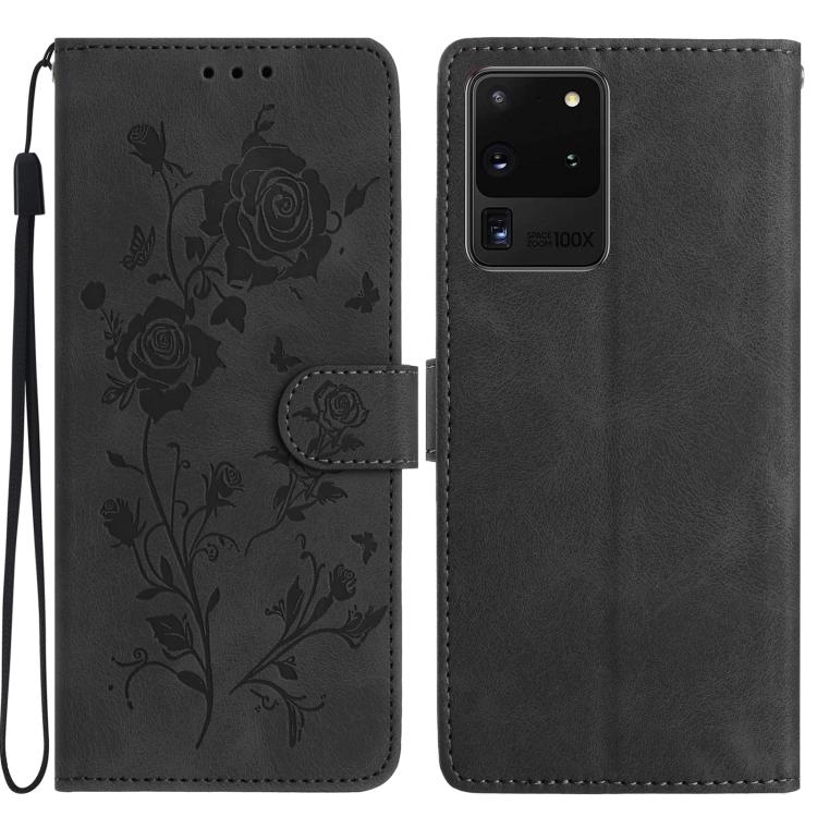 Funda de cuero con estampado de rosas en relieve para Samsung Galaxy S20 Ultra 5G (negra)