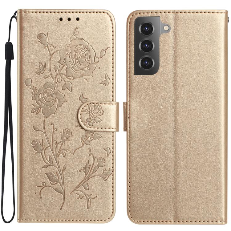 Funda de cuero con estampado floral en relieve para Samsung Galaxy S21 5G (dorada)