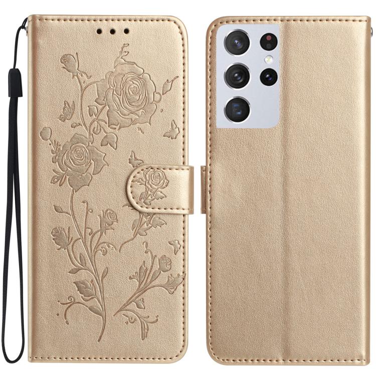 Funda de cuero con estampado de rosas en relieve para Samsung Galaxy S21 Ultra 5G (dorada)