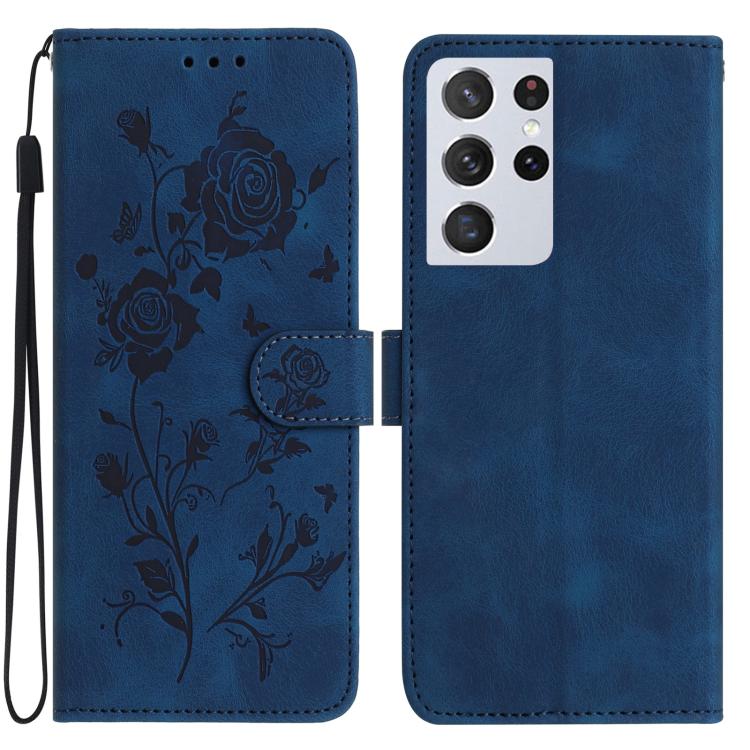 Funda de cuero con estampado floral en relieve para Samsung Galaxy S21 Ultra 5G (azul oscuro)