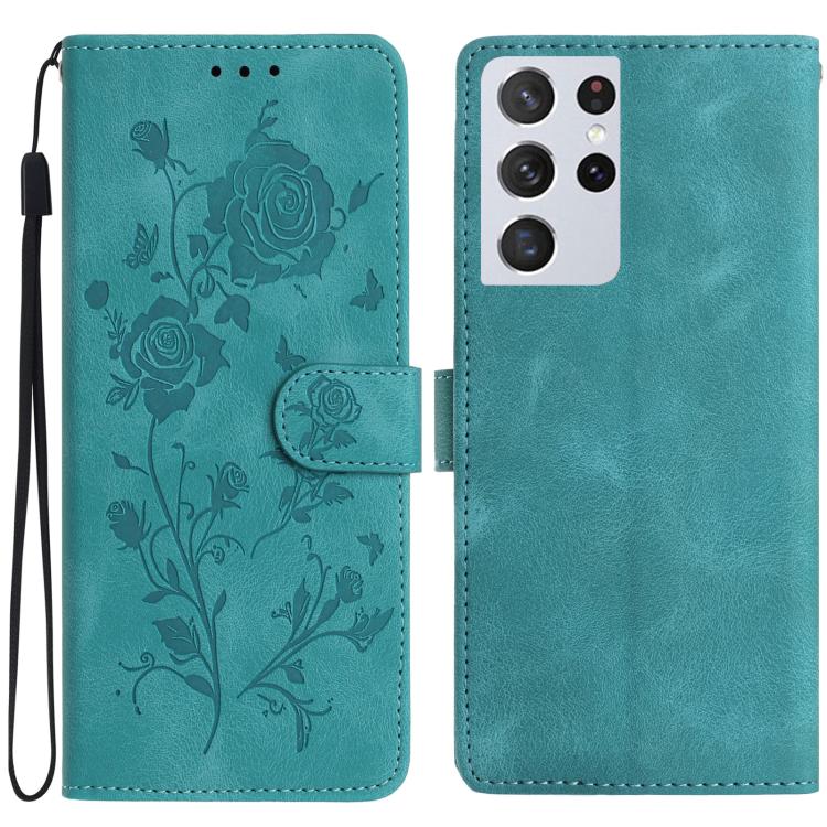 Funda de piel con estampado floral en relieve para Samsung Galaxy S21 Ultra 5G (verde)