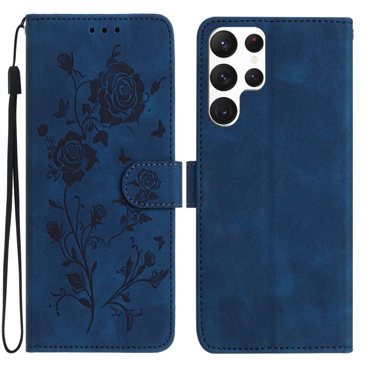 Funda de cuero con estampado floral en relieve para Samsung Galaxy S22 Ultra 5G (azul oscuro)
