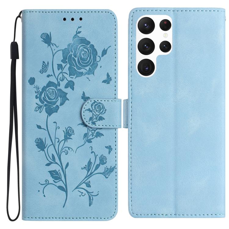 Funda de cuero con estampado floral en relieve para Samsung Galaxy S22 Ultra 5G (azul cielo)