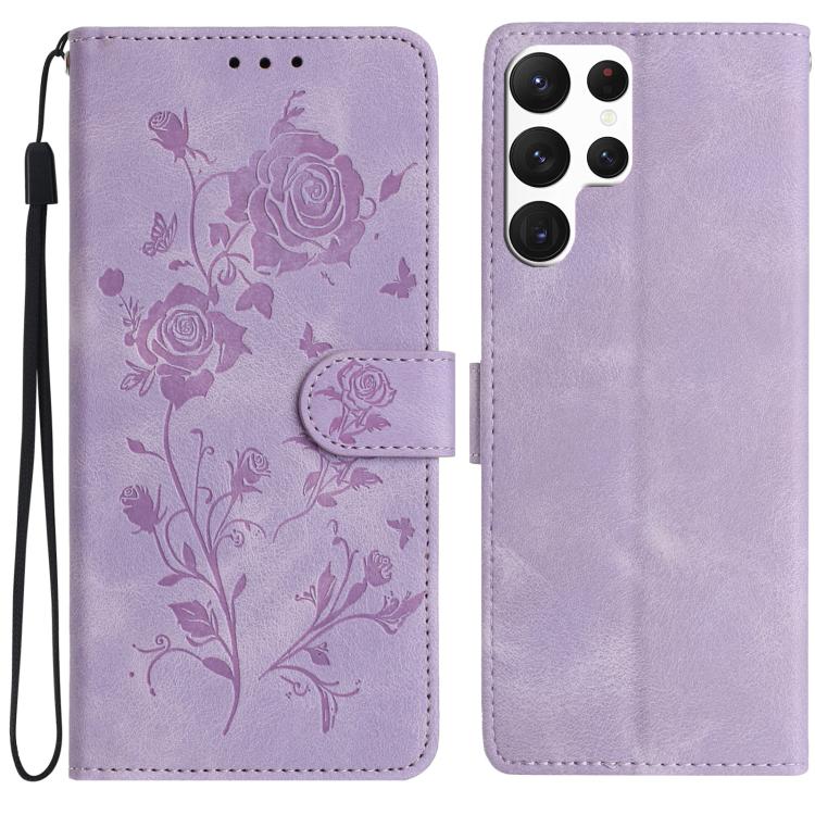 Funda de cuero con estampado floral en relieve para Samsung Galaxy S22 Ultra 5G (morado claro)