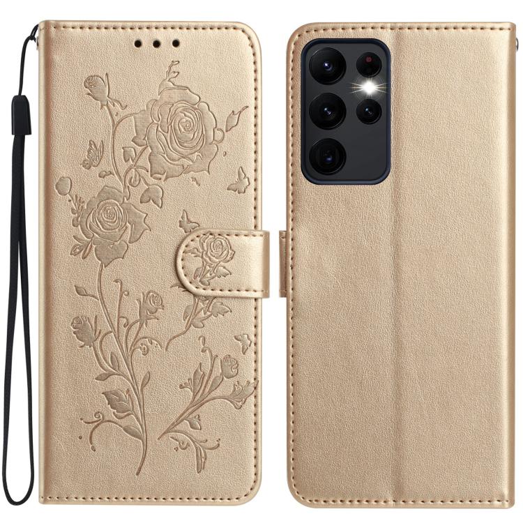 Funda de cuero con estampado de rosas en relieve para Samsung Galaxy S23 Ultra 5G (dorada)