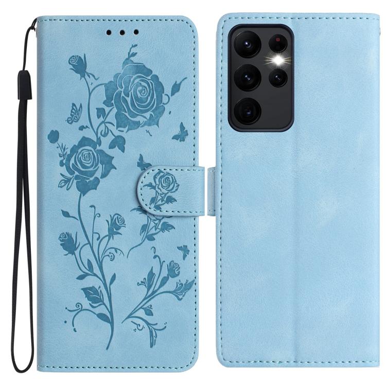 Funda de cuero con estampado floral en relieve para Samsung Galaxy S23 Ultra 5G (azul cielo)