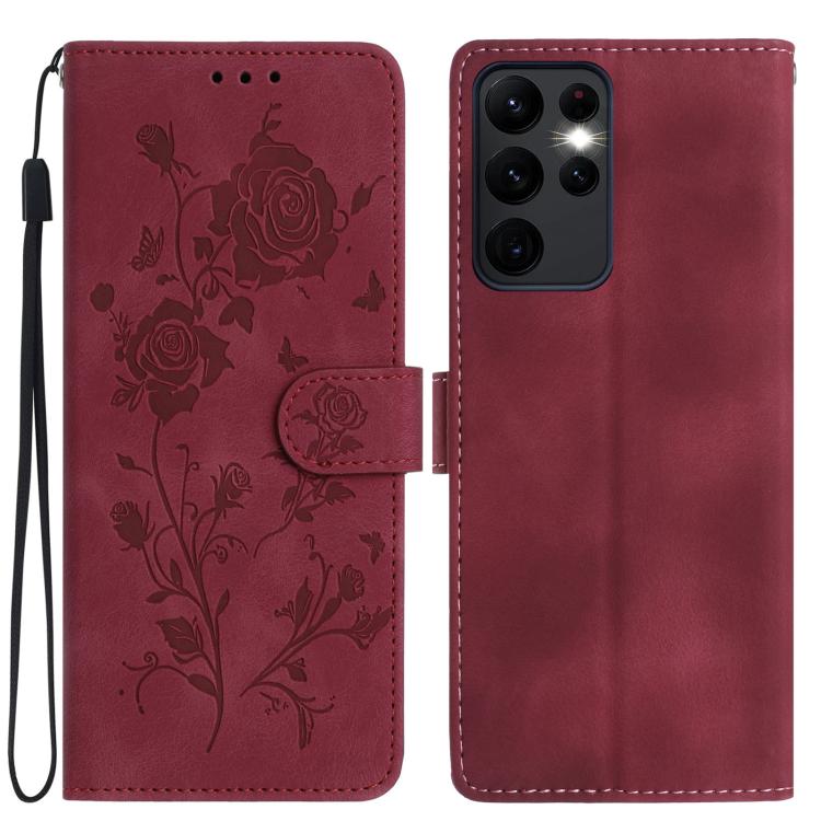 Funda de cuero con estampado floral en relieve para Samsung Galaxy S23 Ultra 5G (roja)