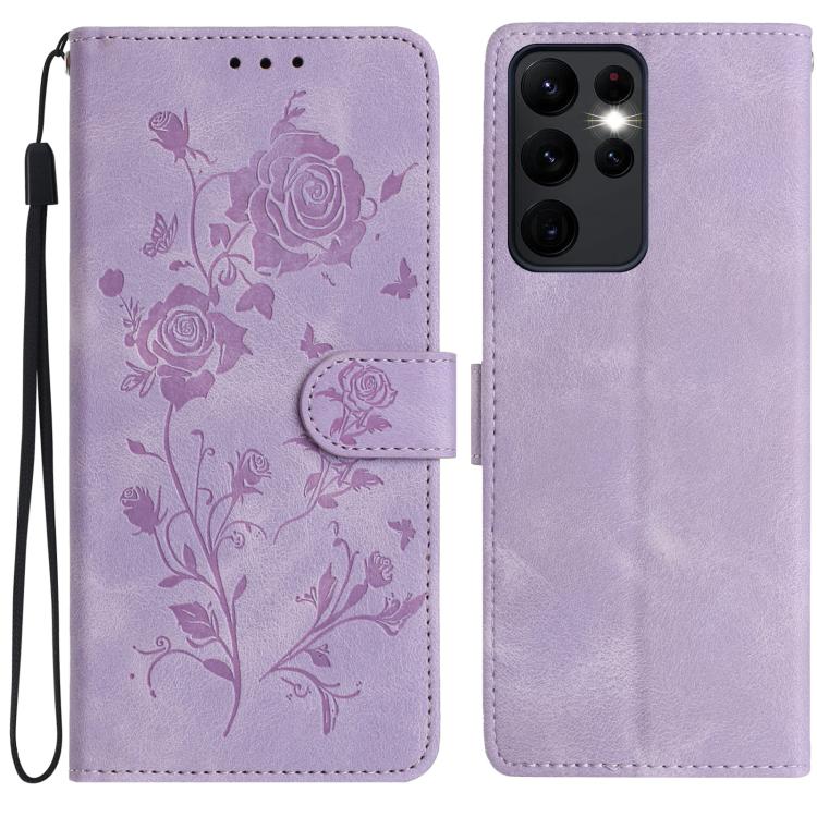 Funda de cuero con estampado de rosas en relieve para Samsung Galaxy S23 Ultra 5G (morado claro)