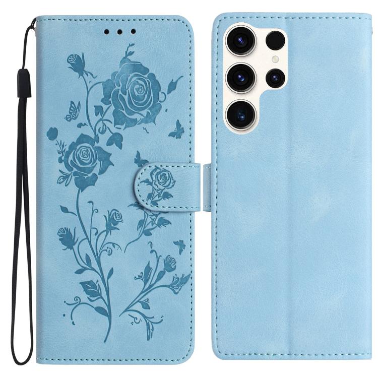 Funda de cuero con estampado floral en relieve para Samsung Galaxy S24 Ultra 5G (azul cielo)