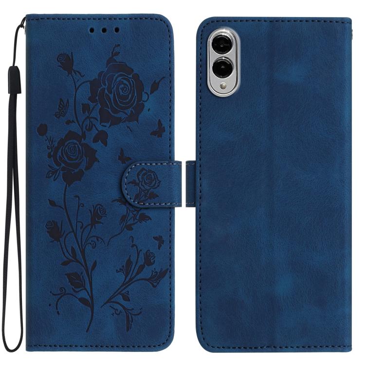 Funda de cuero con estampado floral en relieve para Samsung Galaxy S25 Edge 5G (azul oscuro)