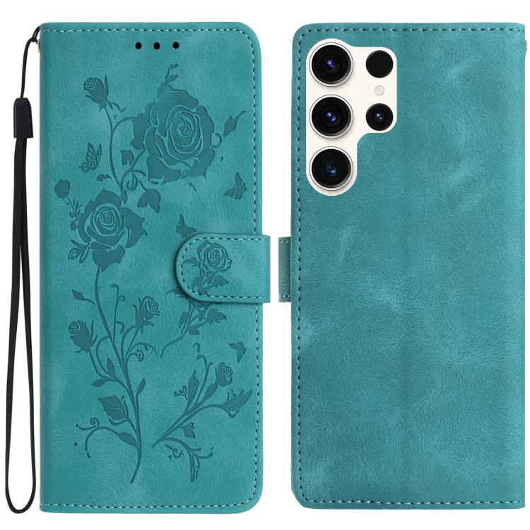 Funda de cuero con estampado de rosas en relieve para Samsung Galaxy S25 Ultra 5G (verde)