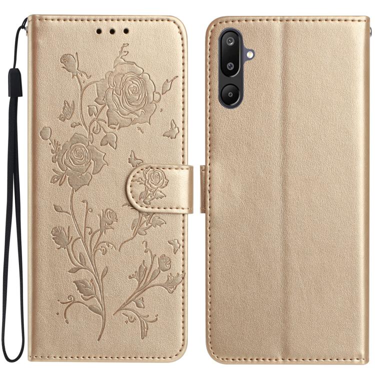 Funda de cuero con estampado de rosas en relieve para Samsung Galaxy F16 (dorada)