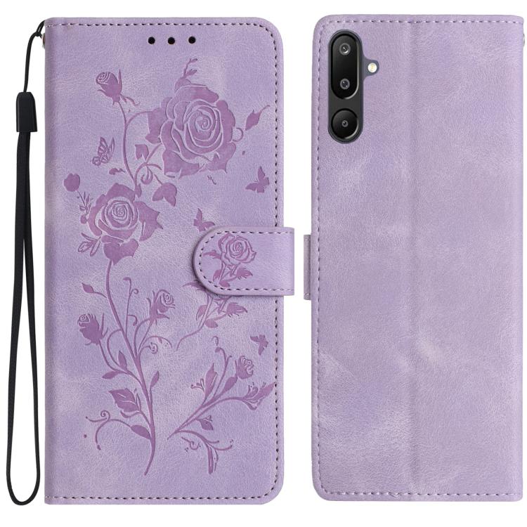 Funda de cuero con estampado floral en relieve para Samsung Galaxy F16 (morado claro)