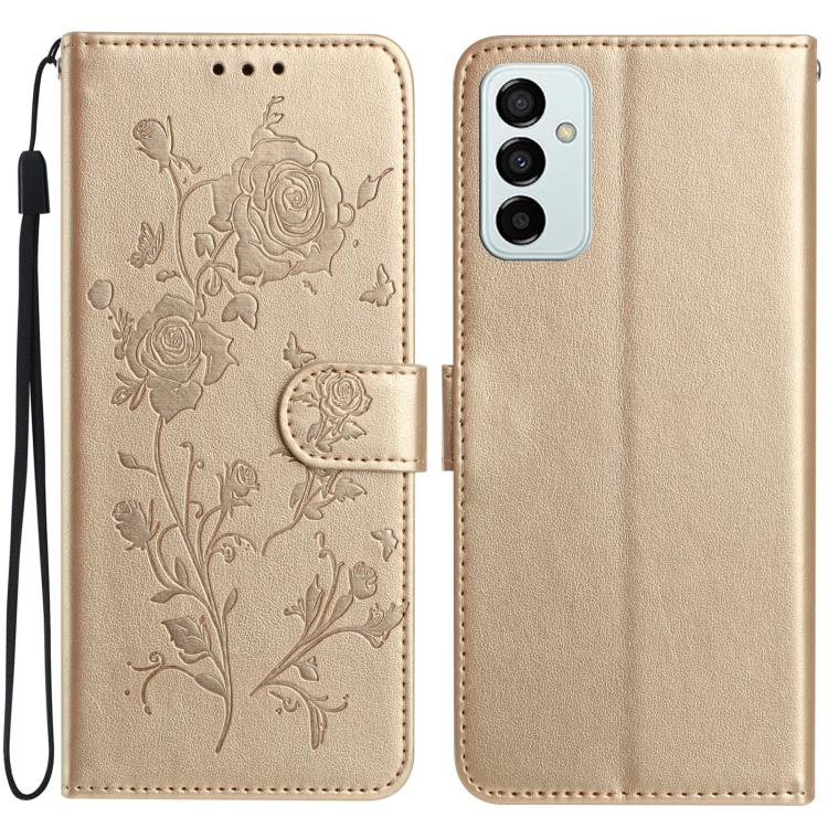 Funda de cuero con estampado de rosas en relieve para Samsung Galaxy M23 (dorada)