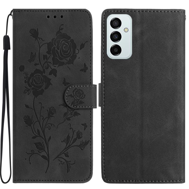 Funda de cuero con estampado de rosas en relieve para Samsung Galaxy M23 (negra)