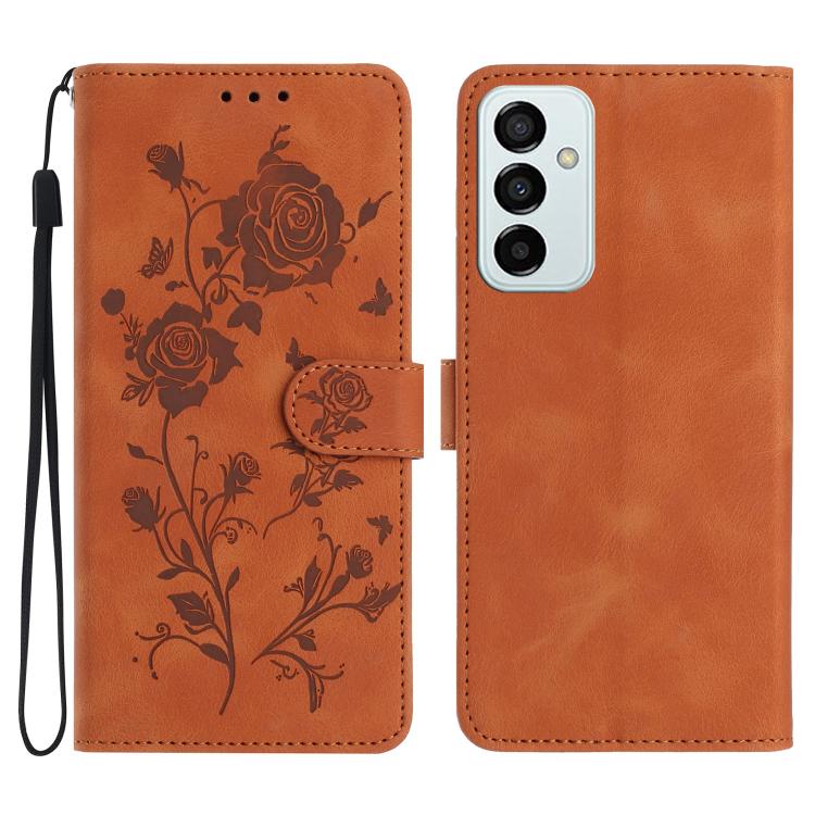 Funda de cuero con estampado de rosas en relieve para Samsung Galaxy M23 (marrón)