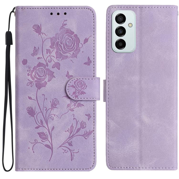 Funda de cuero con estampado de rosas en relieve para Samsung Galaxy M23 (morado claro)