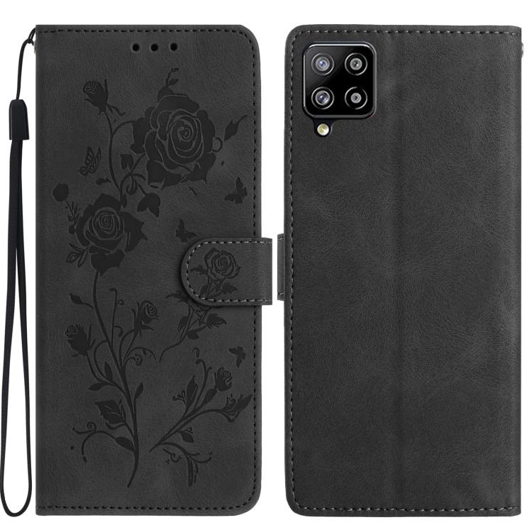 Funda de cuero con estampado de rosas en relieve para Samsung Galaxy M32 (negra)