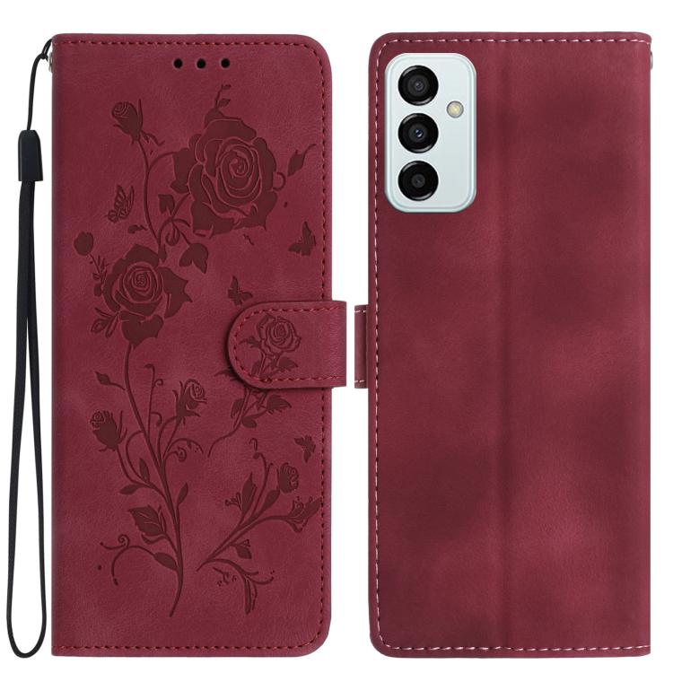 Funda de cuero con estampado de rosas en relieve para Samsung Galaxy M52 (roja)