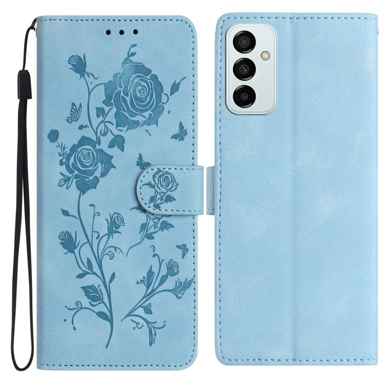 Funda de piel con estampado floral en relieve para Samsung Galaxy M52 (azul cielo)