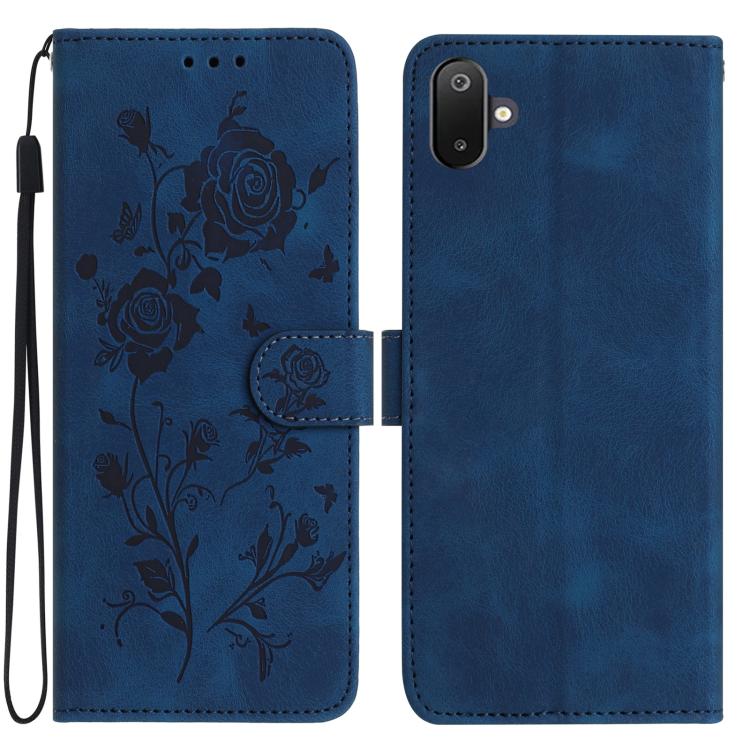 Funda de cuero con estampado de rosas en relieve para Samsung Galaxy F06 (azul oscuro)
