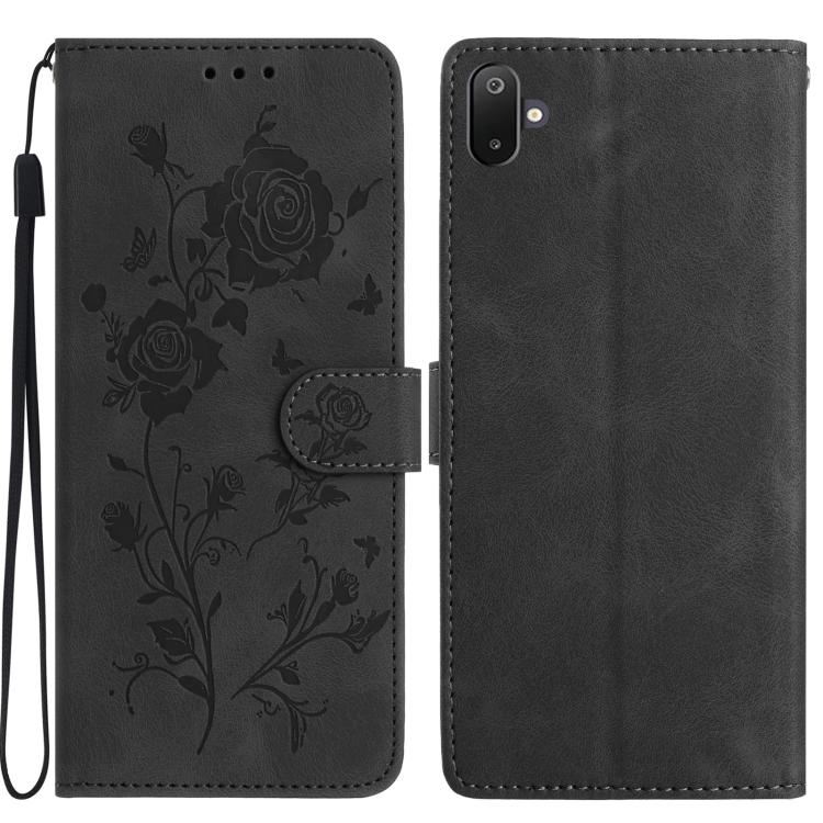 Funda de cuero con estampado de rosas en relieve para Samsung Galaxy F06 (negra)