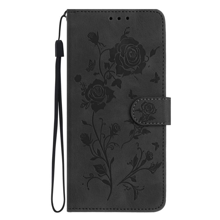 Funda de cuero con estampado de rosas en relieve para Samsung Galaxy F06 (negra)