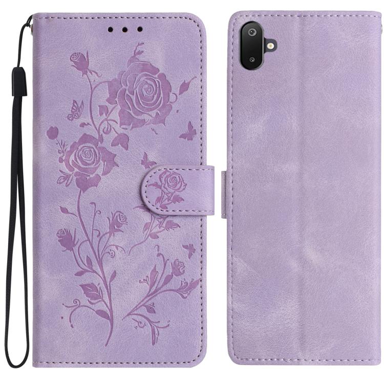 Funda de cuero con estampado de rosas en relieve para Samsung Galaxy F06 (morado claro)