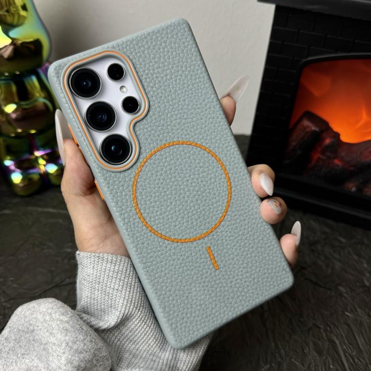 Funda de TPU con textura de lichi MagSafe para Samsung Galaxy S22 Ultra 5G (azul y naranja)