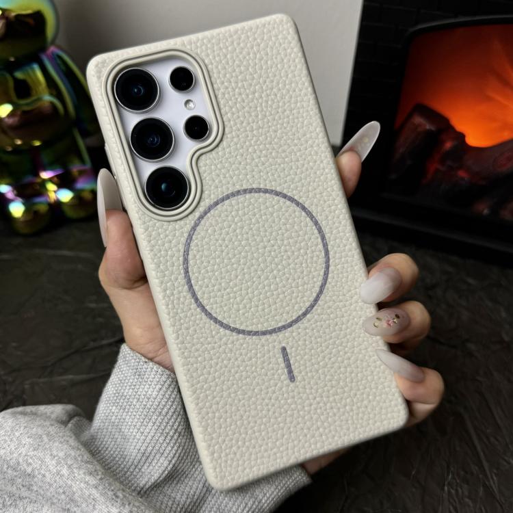 Funda de TPU con textura de lichi MagSafe para Samsung Galaxy S22 Ultra 5G (blanco y gris)
